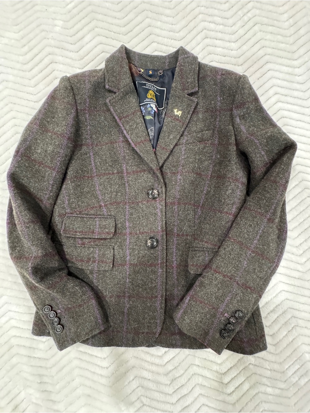 Joules Gray Tweed Plaid Blazer with Subtle Purple Windowpane